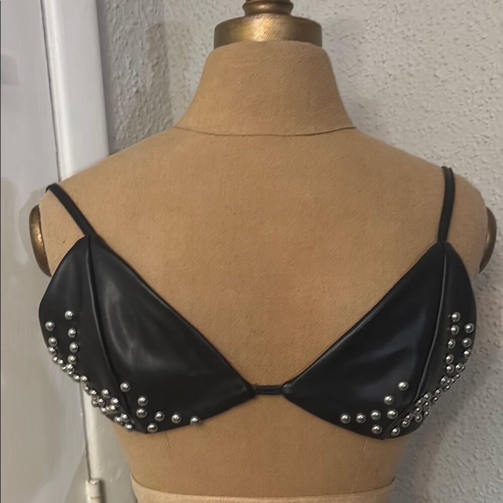 Shein Faux Leather Pearl Studded Tie Closure Bra M Goth Punk Rocker 80s Style